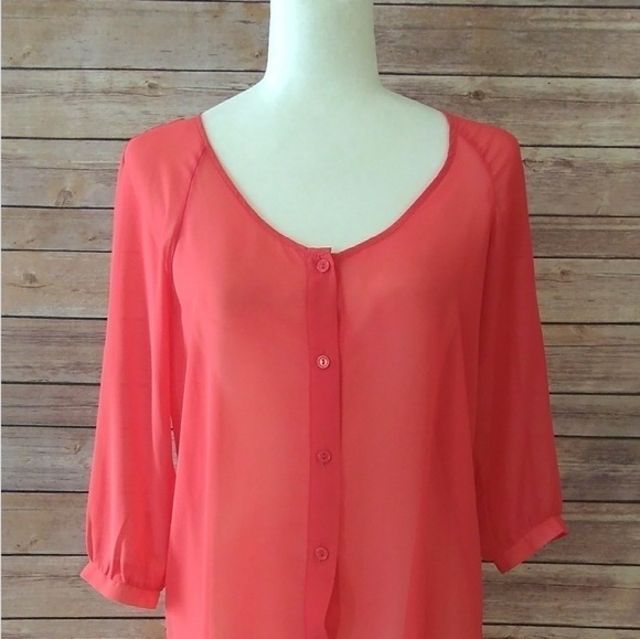 Lush top coral red sheer 3/4 sleeve cutout back detail buttoned women's size S - Picture 8 of 8